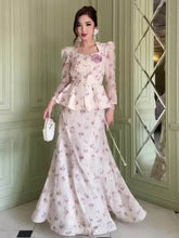 Floral Long-Sleeve Peplum Top & Maxi Skirt 2-Piece Set